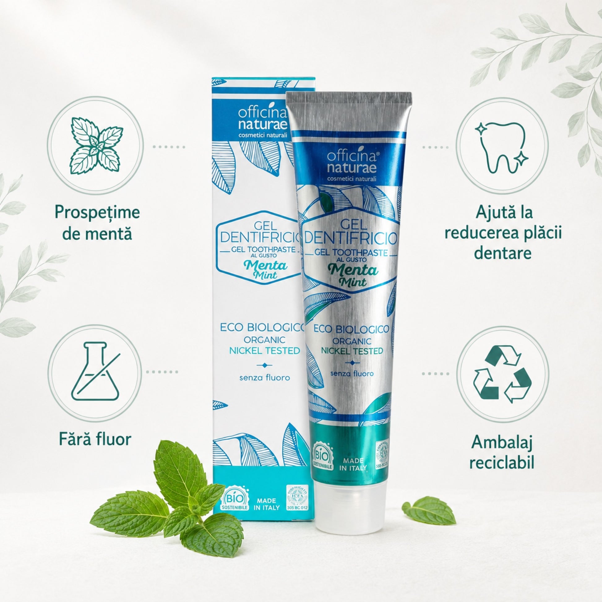 Pastă de dinți naturală cu mentă fără fluor, pentru prospețime și reducerea plăcii dentare