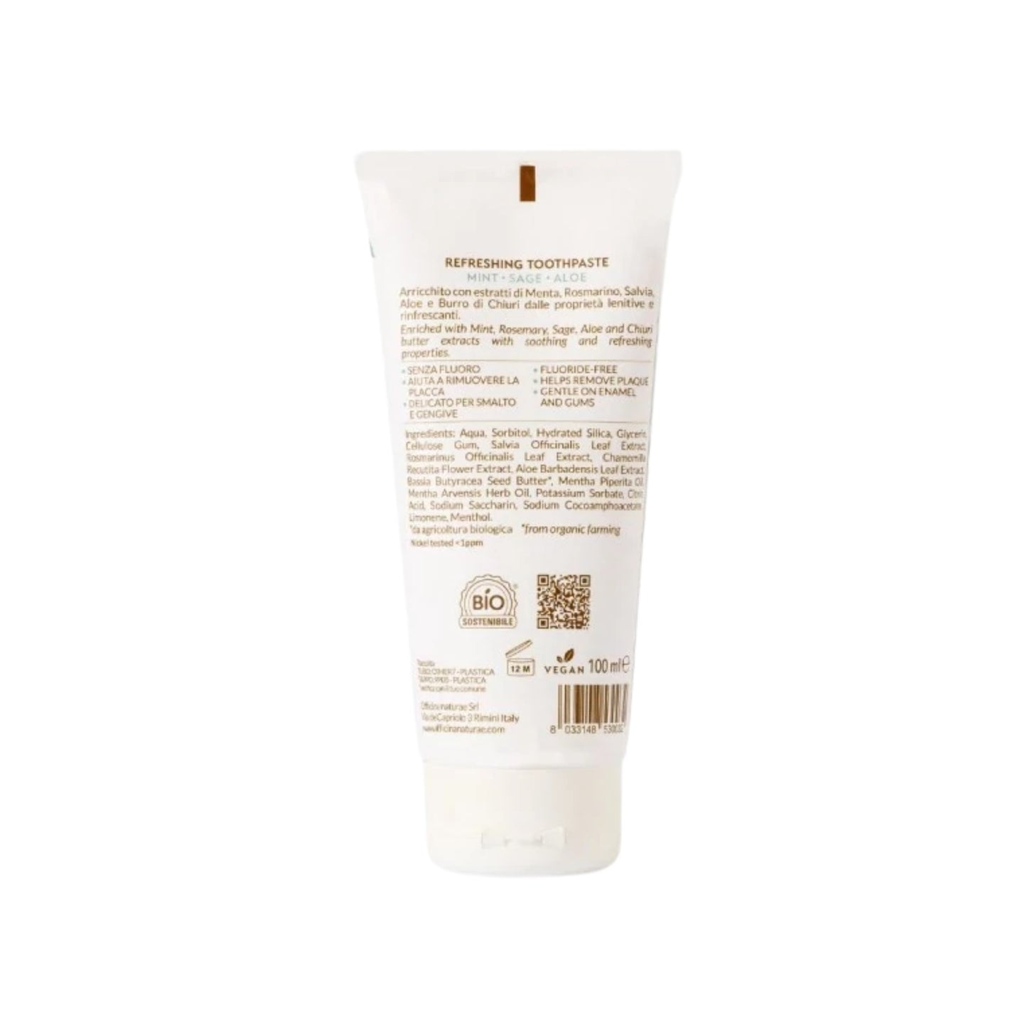 Pastă de dinți naturală răcoritoare 100 ml Officina Naturae - vedere spate și ingrediente