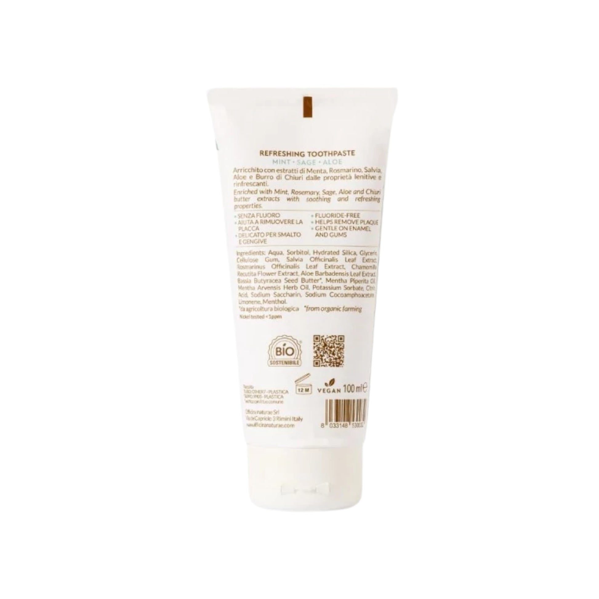 Pastă de dinți naturală răcoritoare 100 ml Officina Naturae - vedere spate și ingrediente