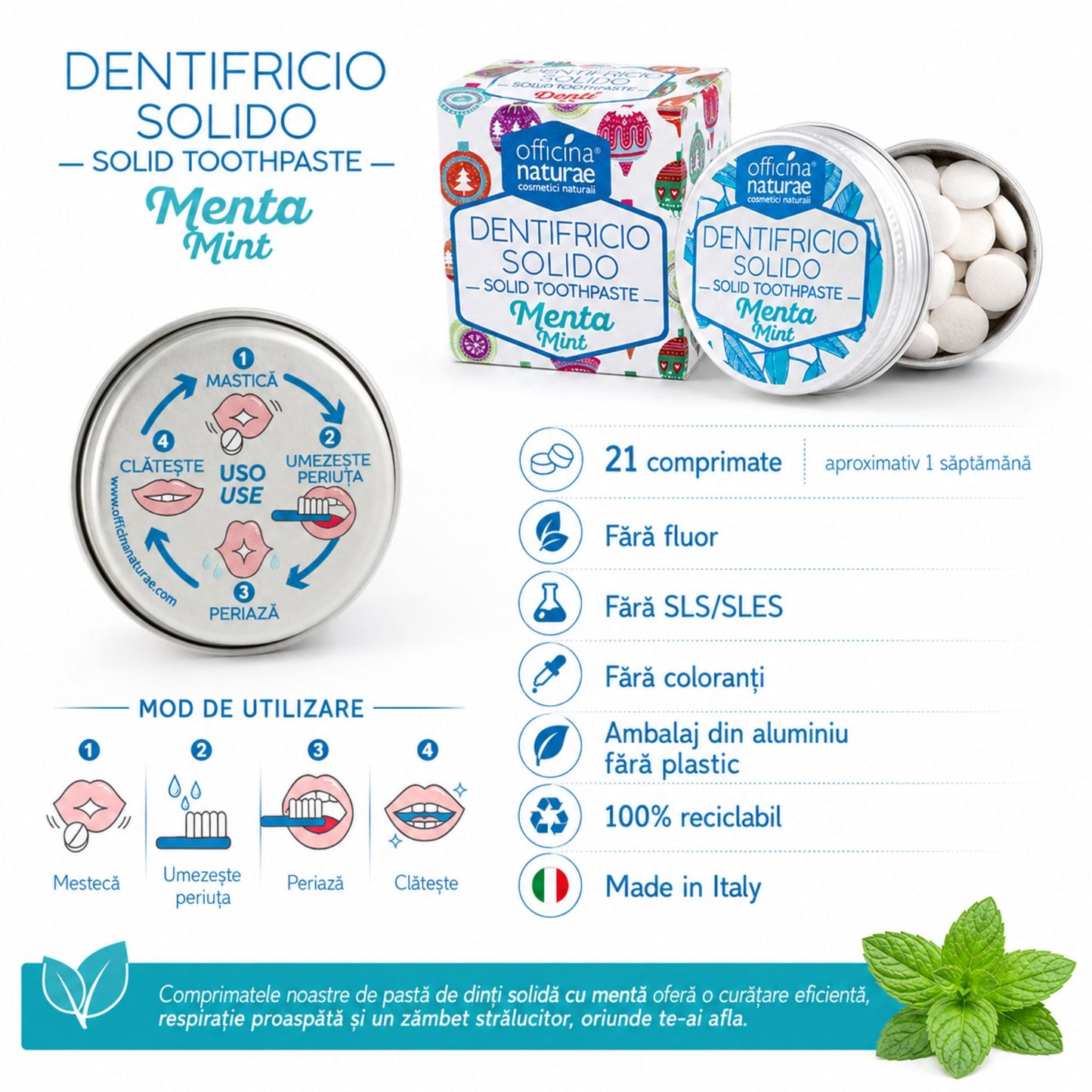Pastă de dinți solidă în pastile cu mentă – 21 comprimate