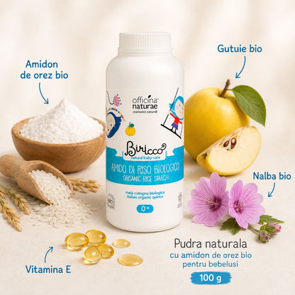 Pudră pentru bebeluși cu amidon de orez bio, gutuie bio, nalbă și vitamina E