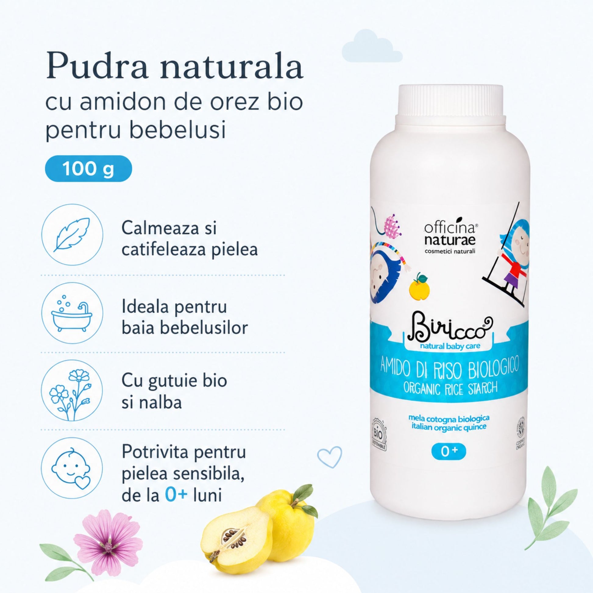 Pudră naturală pentru bebeluși, calmantă și catifelantă, potrivită pentru pielea sensibilă de la 0+ luni