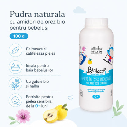 Pudră naturală pentru bebeluși, calmantă și catifelantă, potrivită pentru pielea sensibilă de la 0+ luni