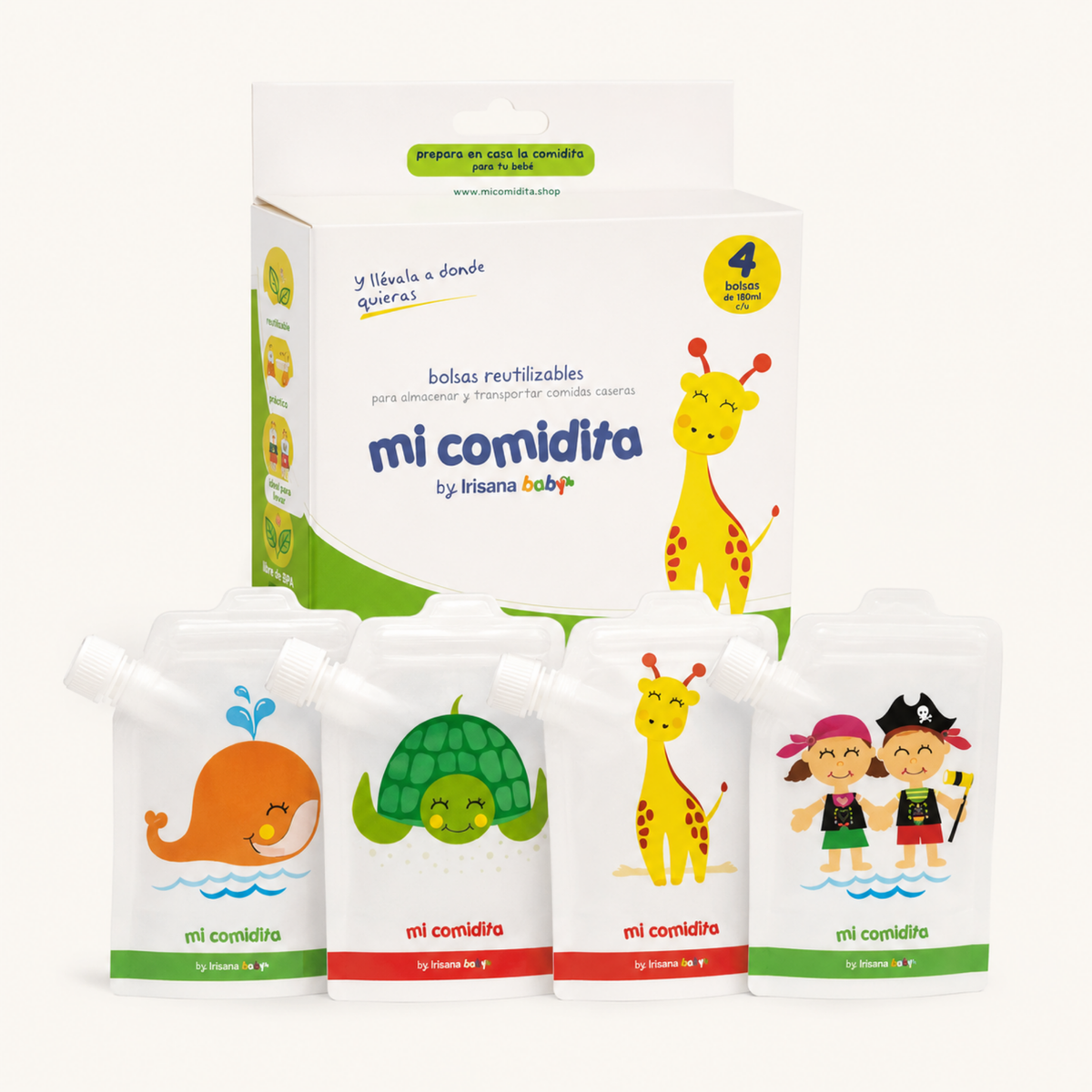 Pungi reutilizabile Mi Comidita Irisana Baby pentru piureuri și gustări, set 4 bucăți