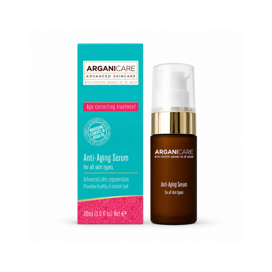 Ser anti-rid ARGANICARE 30 ml cu ulei de argan și acid hialuronic, prezentat alături de cutie