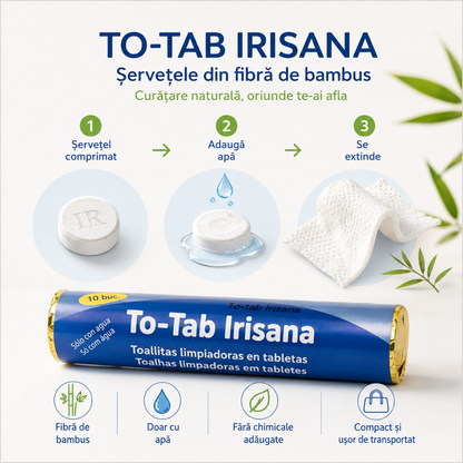 Mod de utilizare șervețele comprimate To-Tab Irisana din bambus, se activează cu apă și se extind