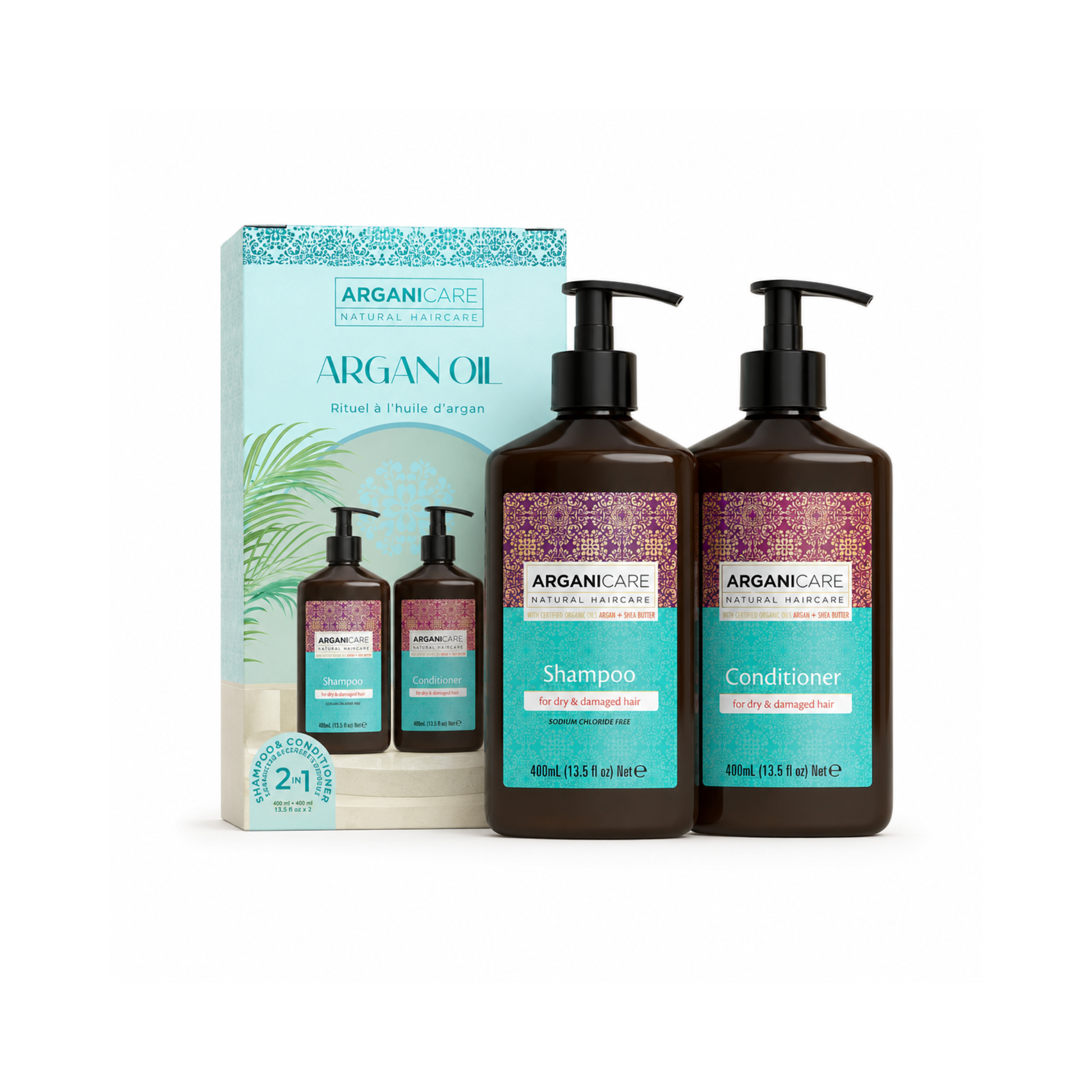 Set Șampon și Balsam cu ulei de argan ARGANICARE pentru păr uscat și deteriorat, 400 ml + 400 ml