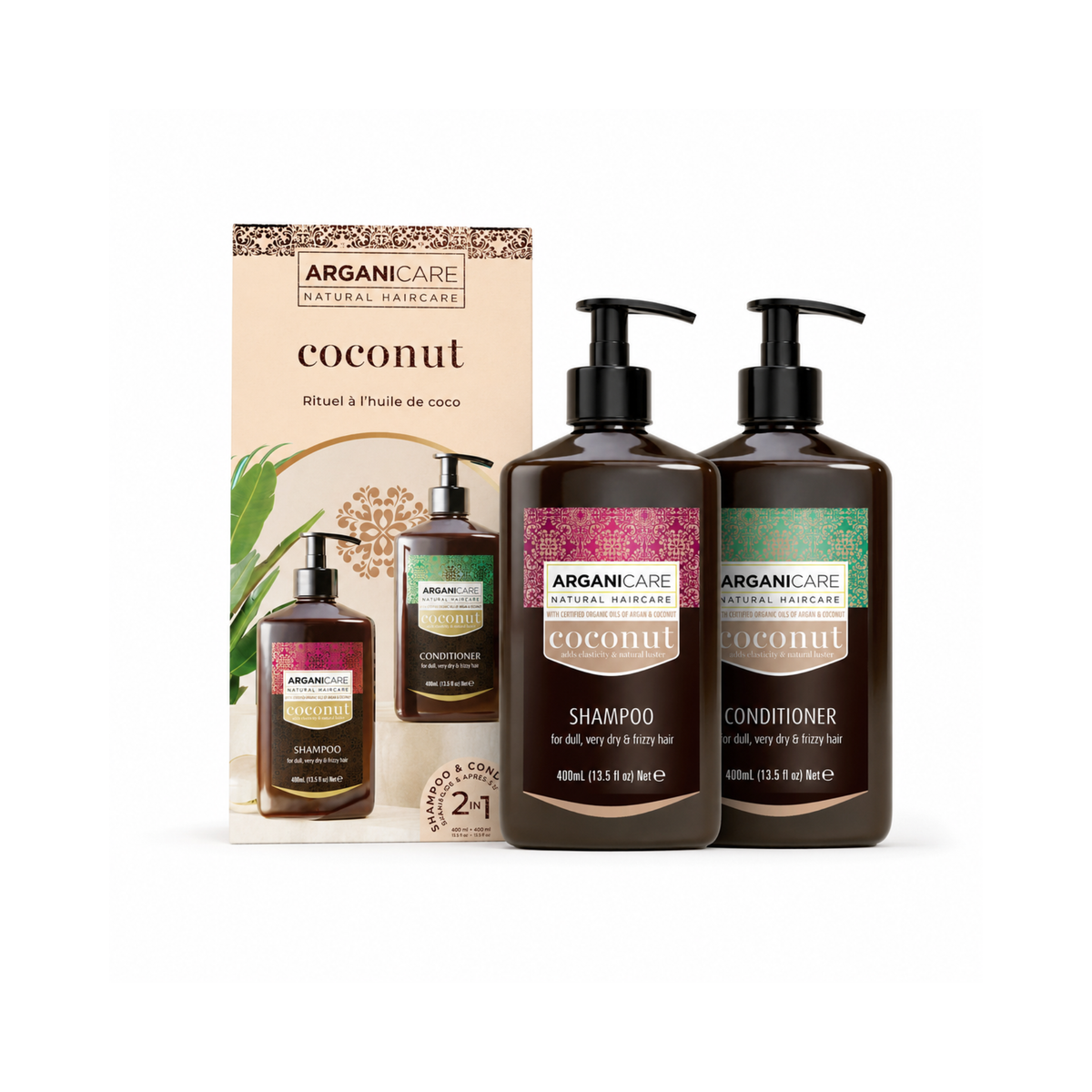Set Șampon și Balsam cu cocos ARGANICARE pentru hidratare și îngrijire nutritivă, 400 ml + 400 ml