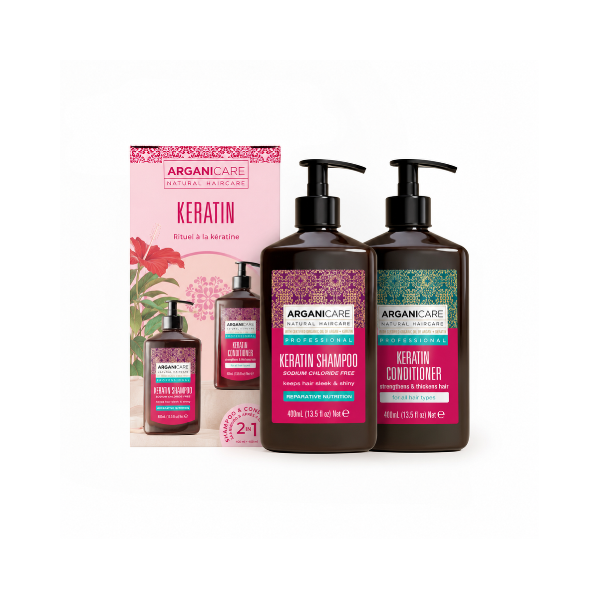 Set Șampon și Balsam cu keratină ARGANICARE pentru reparare și reconstrucție, 400 ml + 400 ml