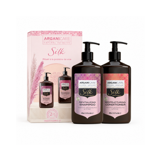 Set Șampon și Balsam Silk ARGANICARE pentru strălucire și netezire, 400 ml + 400 ml