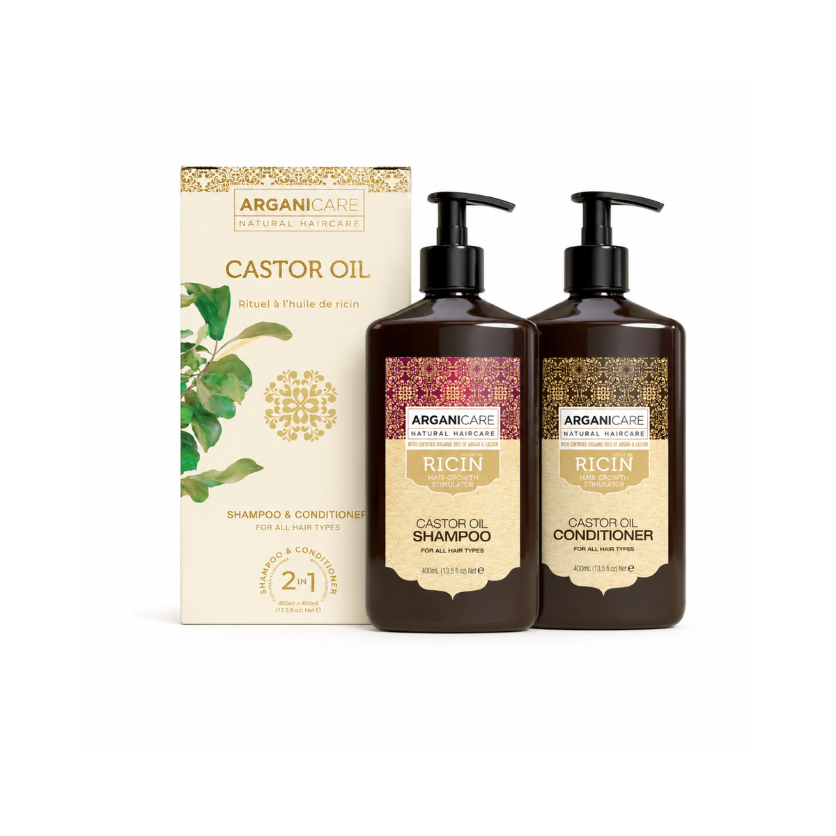 Set Șampon și Balsam cu ulei de ricin ARGANICARE pentru creștere și fortifiere, 400 ml + 400 ml