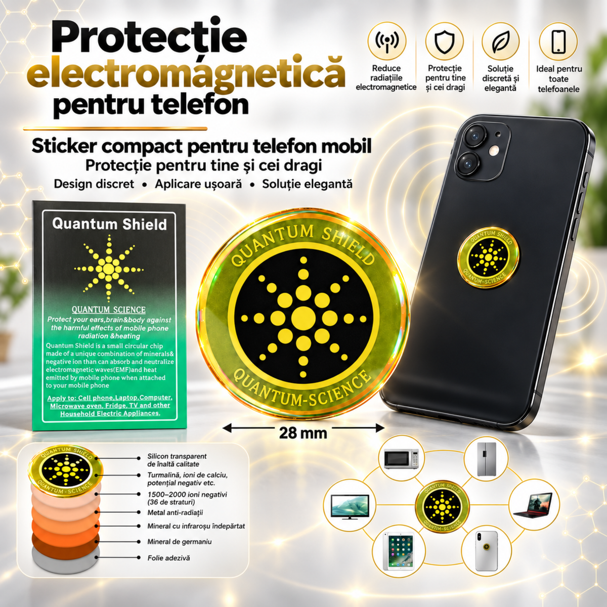 Sticker pentru telefon Quantum Shield, design discret, aplicare ușoară și format compact