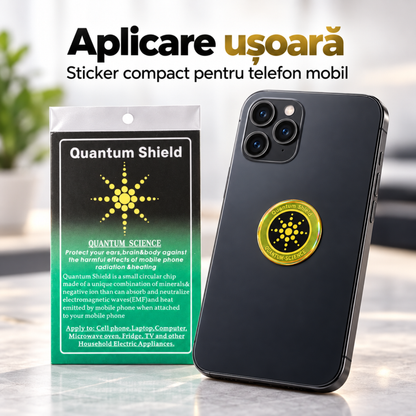 Sticker Quantum Shield aplicat pe telefon mobil, design discret și compact