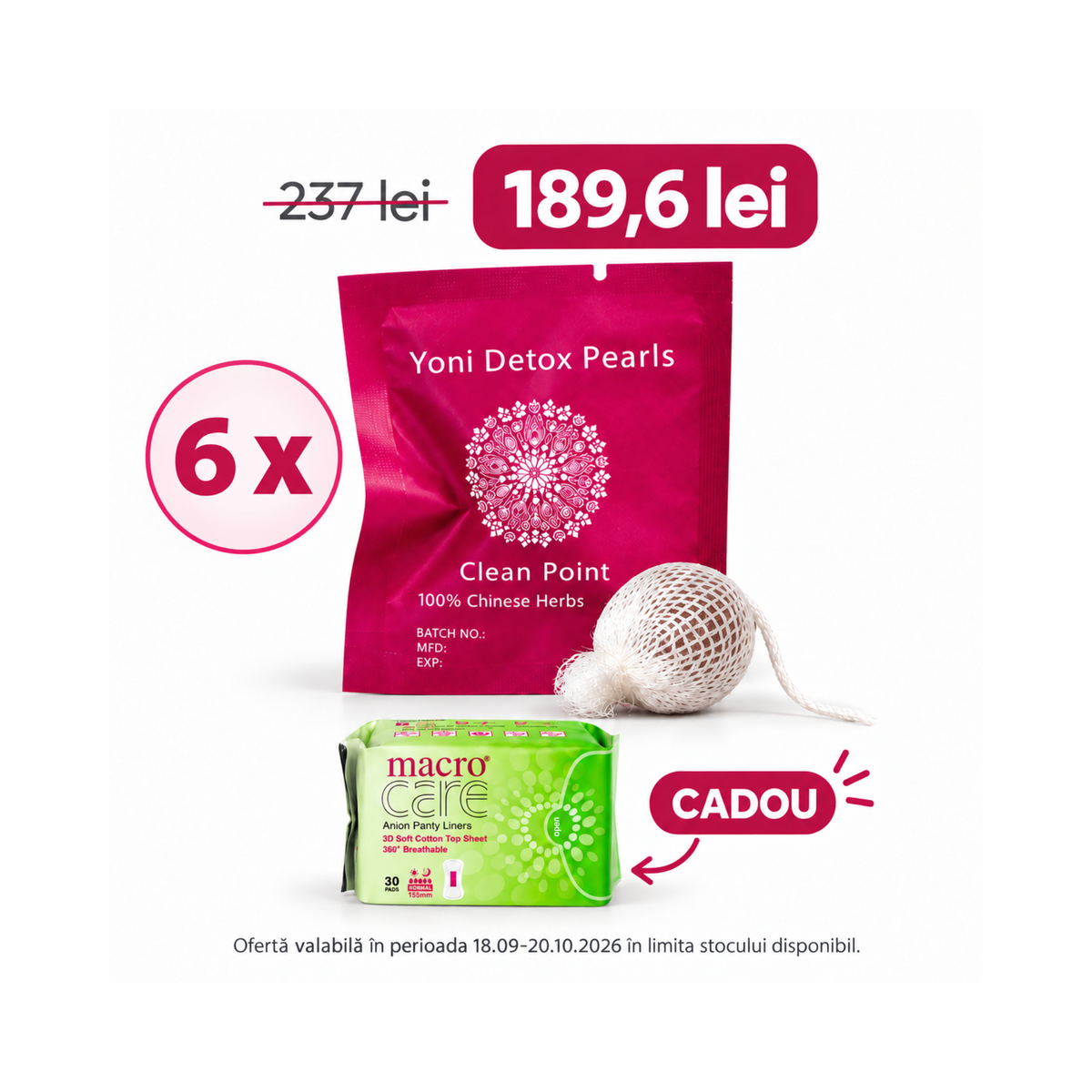Tampon intim detoxifiant 6 bucăți în ofertă cu absorbante zilnice Macro Care cadou