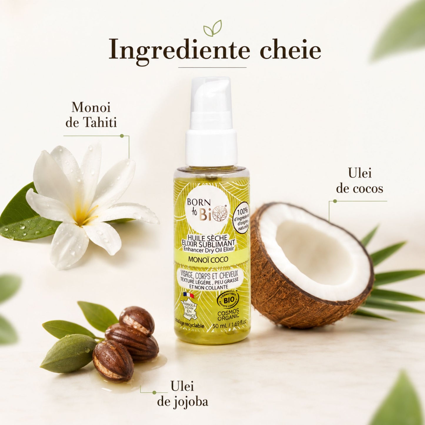 Ulei uscat bio cu Monoi de Tahiti, ulei de cocos și jojoba Born to Bio