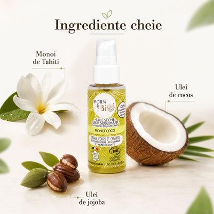 Ulei uscat bio cu Monoi de Tahiti, ulei de cocos și jojoba Born to Bio