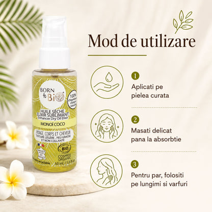 Ulei uscat bio cu Monoi și Cocos - mod de utilizare pentru piele și păr